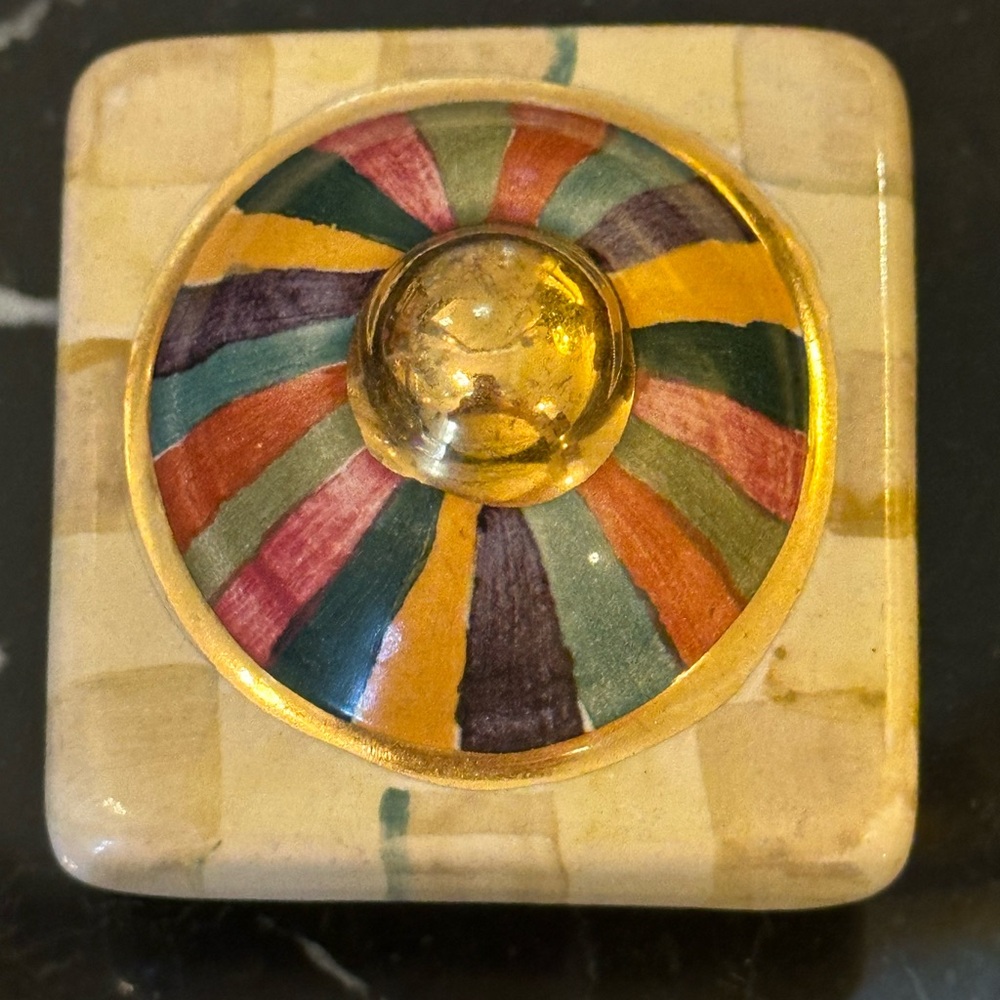 Mackenzie-Childs Handprinted Ceramic Parchment Check w/ Color strips drawer knob